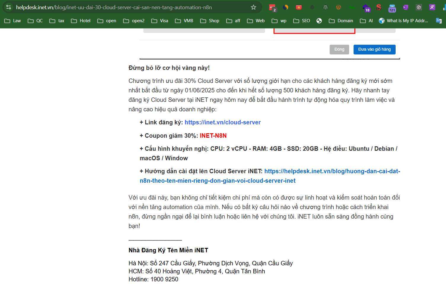 Cloud Server giảm giá 30% mã INET-N8N, đón đầu xu hướng tự động hóa doanh nghiệp, cấu hình CPU 2 vCPU RAM 4GB SSD 20GB, hướng dẫn cài đặt & đăng ký tại helpdesk.inet.vn.