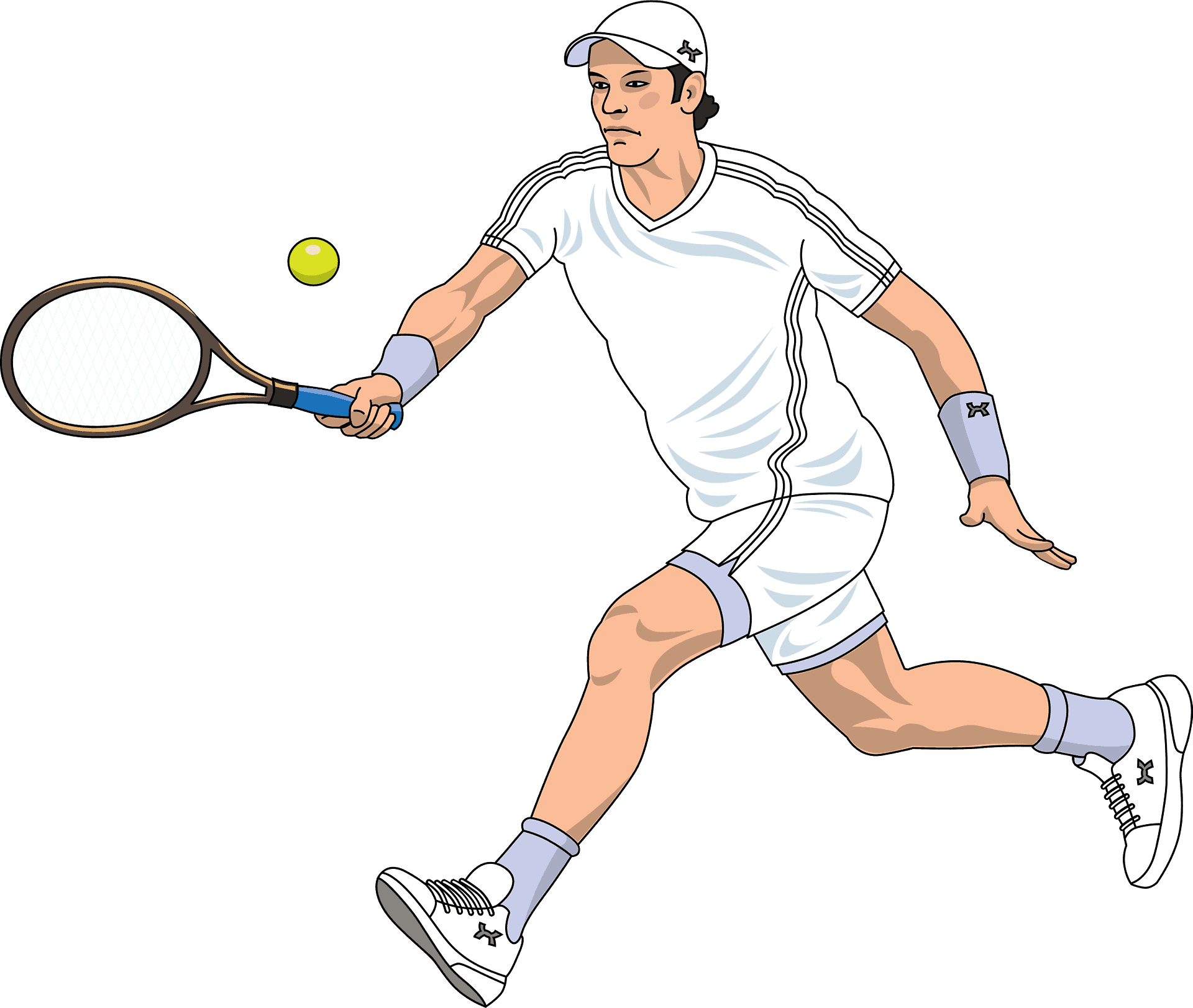 Tennis player in action hitting the ball with a racket, wearing sportswear and white sneakers, illustration with a gray background.