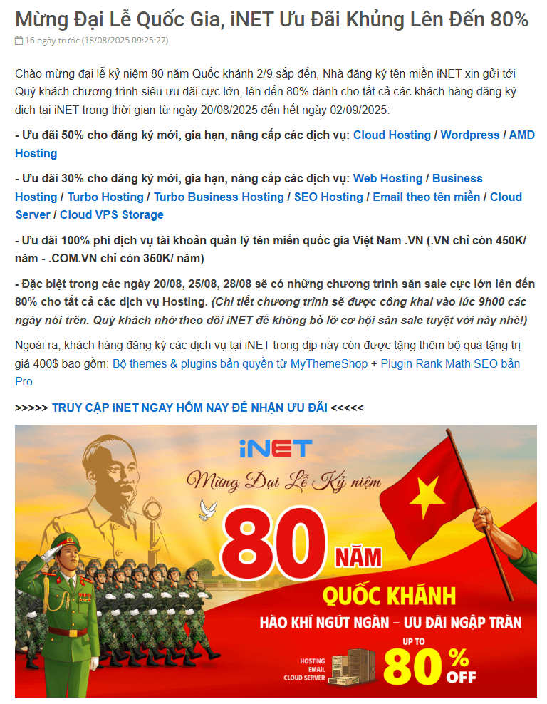 Liệt kê giảm giá khủng dịp 80 năm quốc khánh iNet, mã giảm giá hosting, wordpress, SSD, ưu đãi lên đến 80% trên trumgiamgia.com.