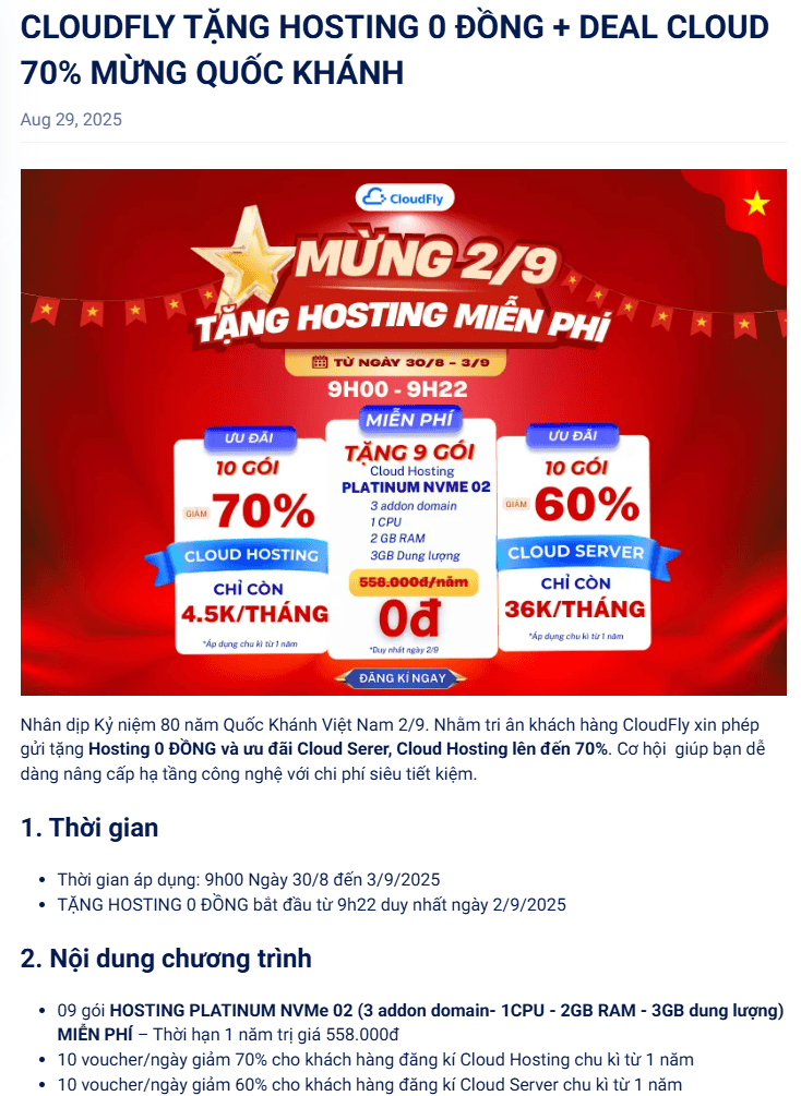 Tin tức giảm giá hosting miễn phí dịp 2/9, mã giảm giá CloudFly, khuyến mãi 70% hosting Cloud Server, tổng hợp mã giảm giá, khuyến mãi hosting, discount 80 năm Quốc Khánh.