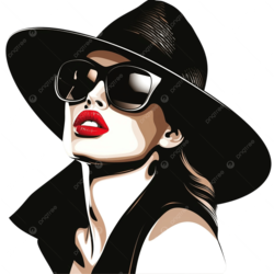 Gái trẻ trung phong cách retro với kính râm, váy đen và mũ rộng vành, phong cách thời trang sành điệu, hình minh hoạ hiện đại phù hợp cho blog thời trang và thương hiệu quần áo.