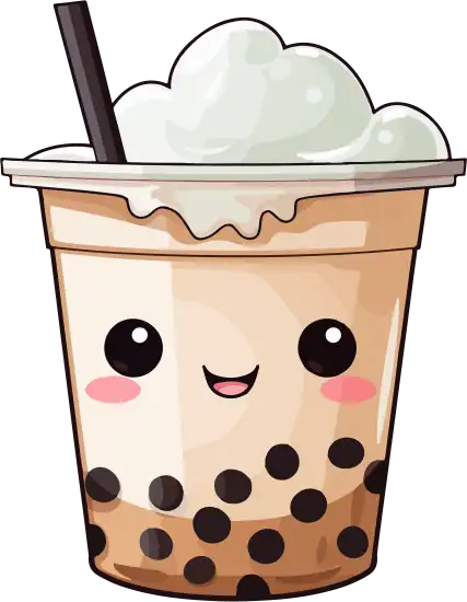 Kem trà sữa đáng yêu, hình minh họa dễ thương của ly trà sữa trân châu có mặt cười vui vẻ, phù hợp cho nội dung giảm giá và mã giảm giá đồ uống, thức ăn nhanh.