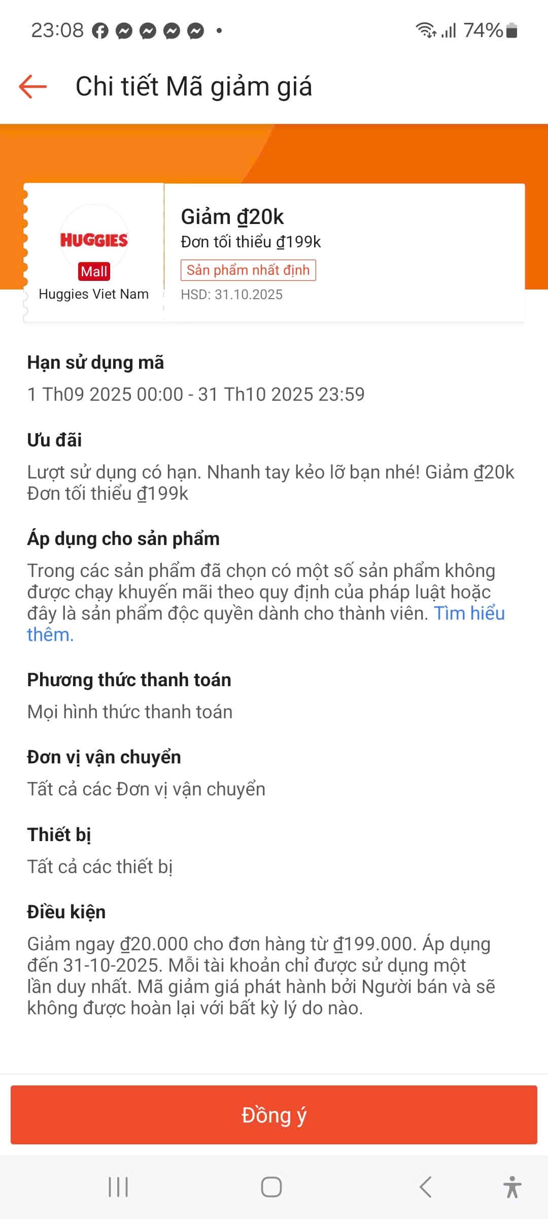 Giao diện mã giảm giá khuyến mãi, mã giảm giá giảm 20k, mã giảm giá cho đơn từ 199k, mã khuyến mãi Huggies Viet Nam, mã giảm giá siêu tiết kiệm.