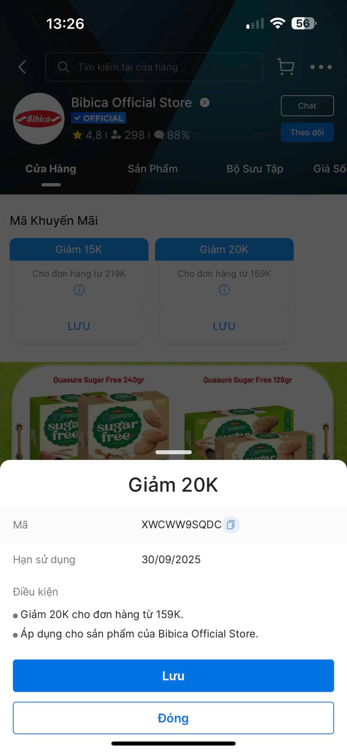 Quà tặng giảm giá, mã giảm 20K cho đơn từ 159K, mã quà tặng Bibica, ưu đãi hấp dẫn từ Bibica Official Store, mã giảm giá giúp tiết kiệm chi phí mua sắm.