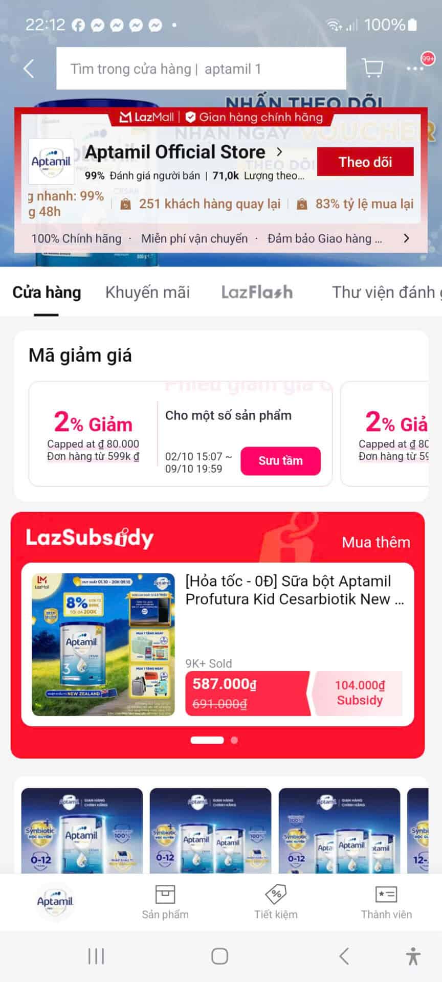 Aptamil giảm giá trên LazMall với mã giảm 2%, giảm giá trực tiếp trên sản phẩm sữa bột trẻ em.