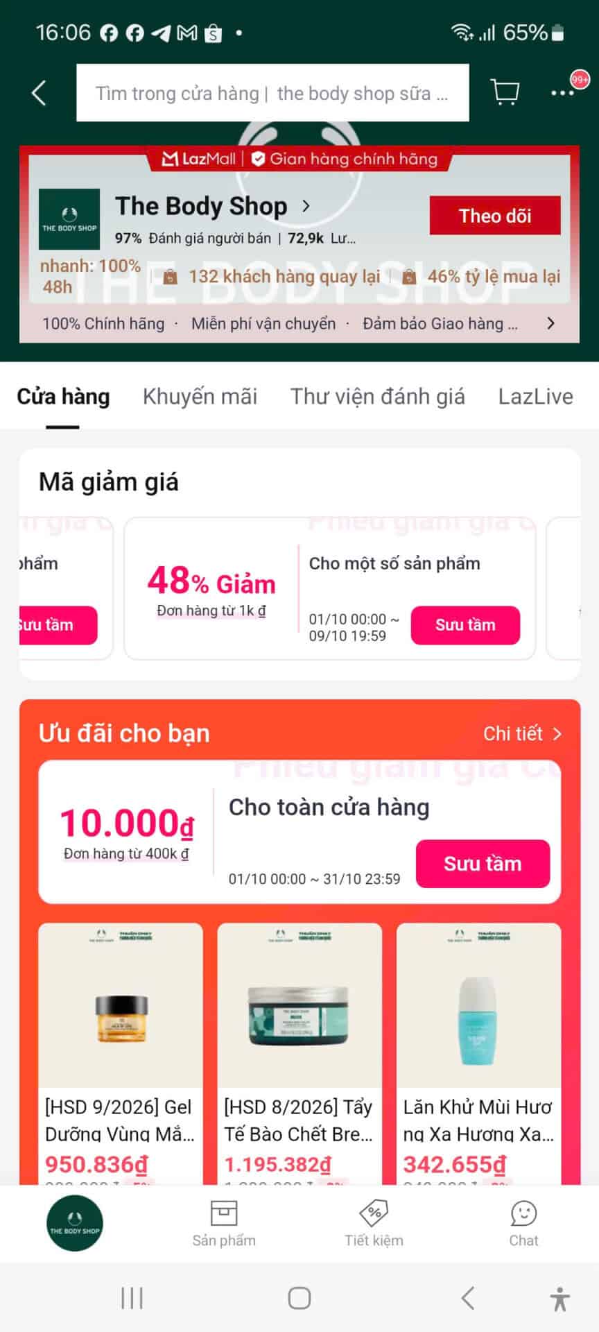 Giảm giá 48% cho sản phẩm chăm sóc da, mỹ phẩm chính hãng tại The Body Shop, ưu đãi từ mã giảm giá, mã coupon, khuyến mãi hấp dẫn, mã giảm giá lớn, mua sắm tiết kiệm, giảm giá từ 10.000đ.