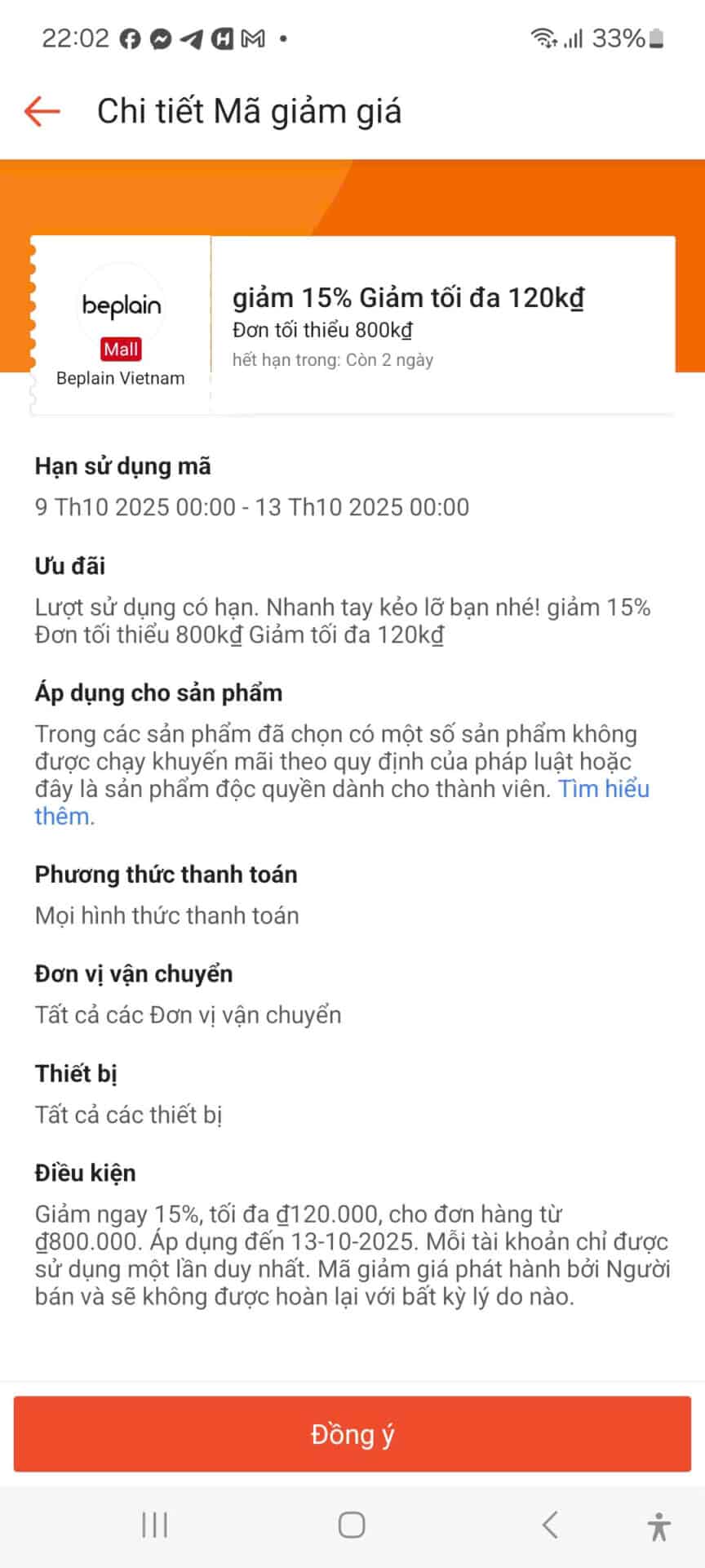Mã giảm giá độc quyền cho các sản phẩm, mã giảm giá Beplain Vietnam, giảm 15% tối đa 120kđ, áp dụng cho đơn hàng từ 800kđ, hạn sử dụng từ 9/10/2025 đến 13/10/2025, giúp tiết kiệm chi phí mua sắm online.
