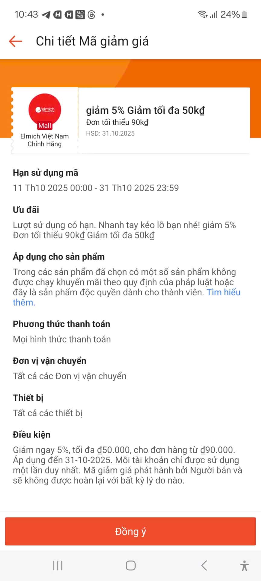Giảm giá 5% tối đa 50kđ tại Elmich Việt Nam, mã giảm giá từ Trùm giảm giá, mã giảm giá điện tử, khuyến mãi cho đơn hàng từ 90kđ, hạn dùng 31.10.2025.