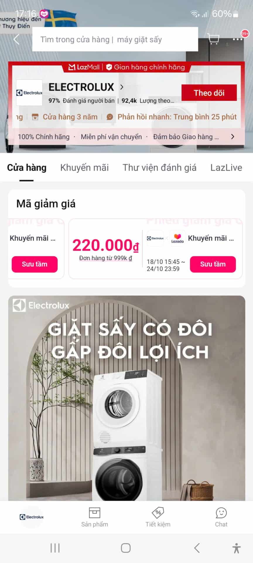 Electrolux máy giặt sấy kết hợp nhỏ gọn, tiết kiệm không gian, ưu đãi giảm giá lớn trên Trùm giảm giá, mã giảm giá, mua ngay.