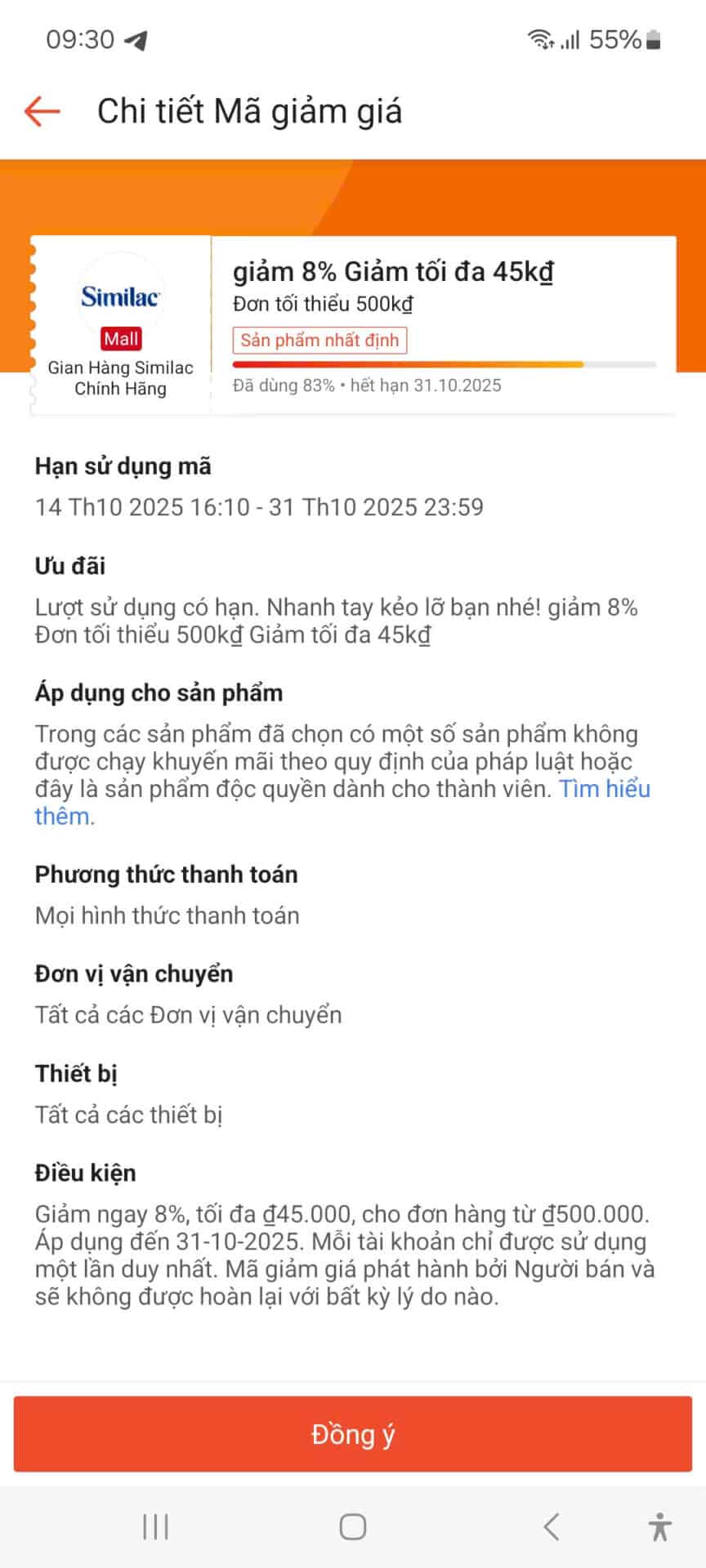 - Ưu đãi giảm 8% mã giảm giá Similac, tối đa 45k đồng, áp dụng cho đơn từ 500k đồng, hạn sử dụng đến 31/10/2025, mã giảm giá mới nhất tại Trùm giảm giá.