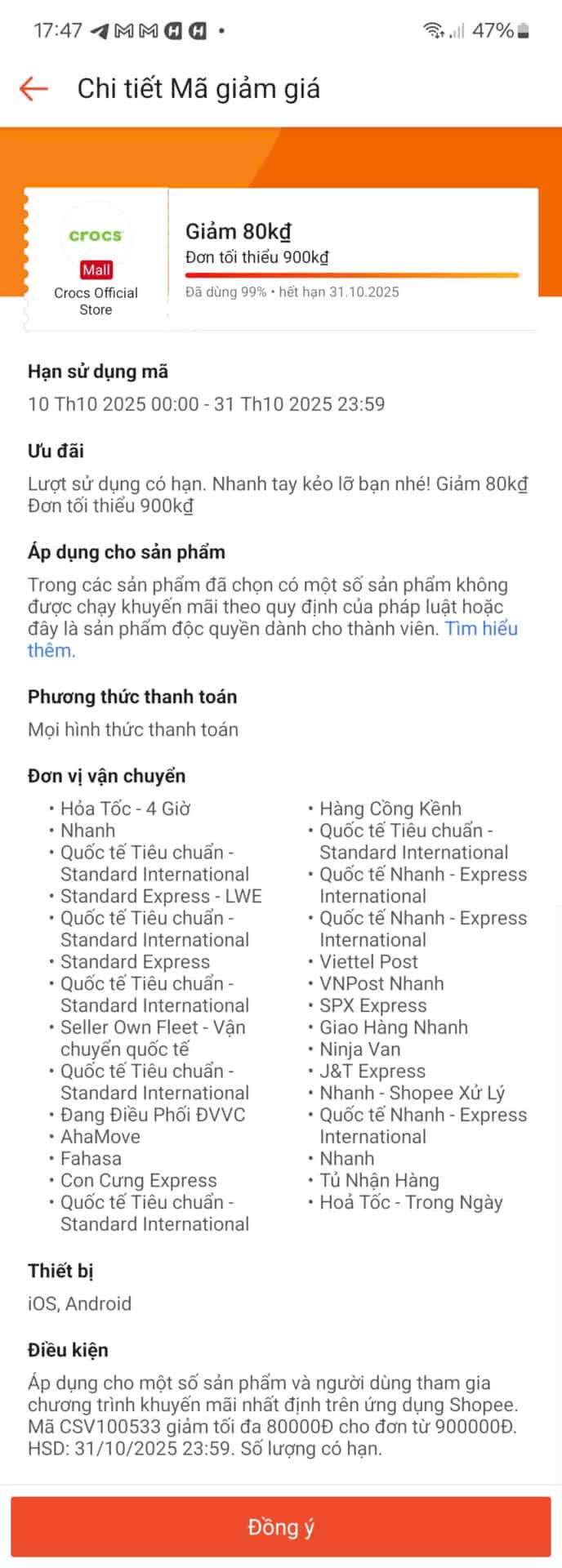 Giảm giá 80k cho đơn tối thiểu 900k tại Crocs Official Store từ ngày 10/10 đến 31/10/2025, mã giảm giá hạn chế thời gian, áp dụng cho nhiều phương thức thanh toán và vận chuyển quốc tế, gian hàng khuyến mãi.