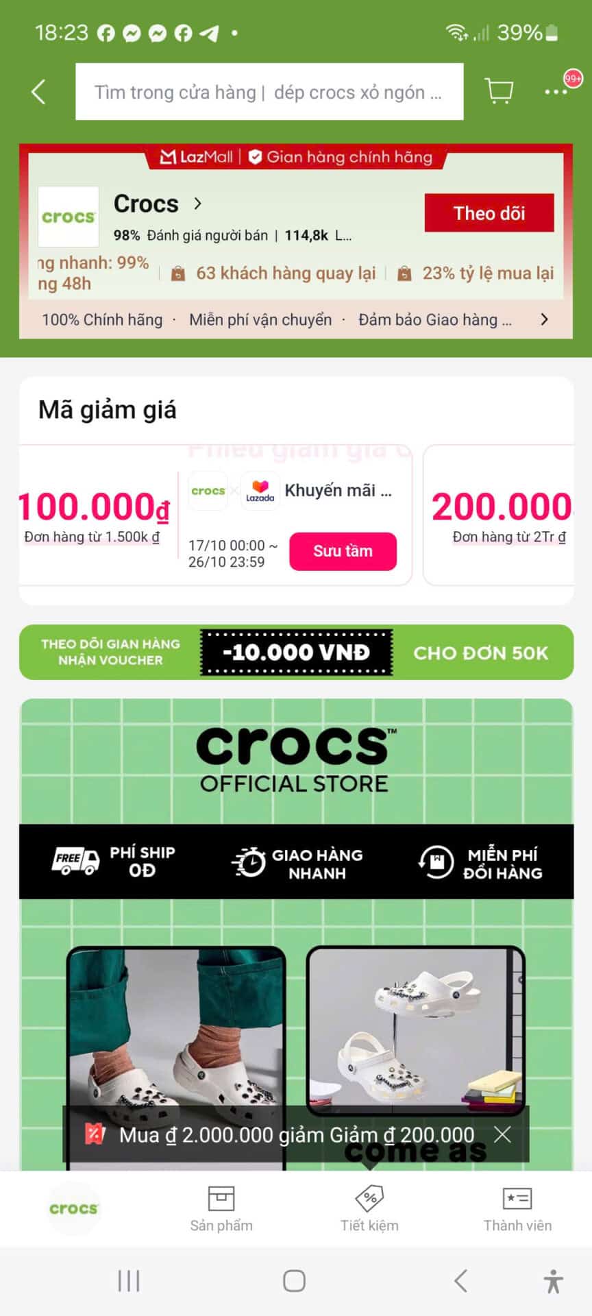 Crocs giảm giá, mã giảm giá Lazada, ưu đãi 100.000đ, giảm 200.000đ, khuyến mãi miễn phí vận chuyển, mã giảm giá trên Trùm giảm giá, tổng hợp coupon mua sắm footwear, giày Crocs chính hãng giảm giá lớn.
