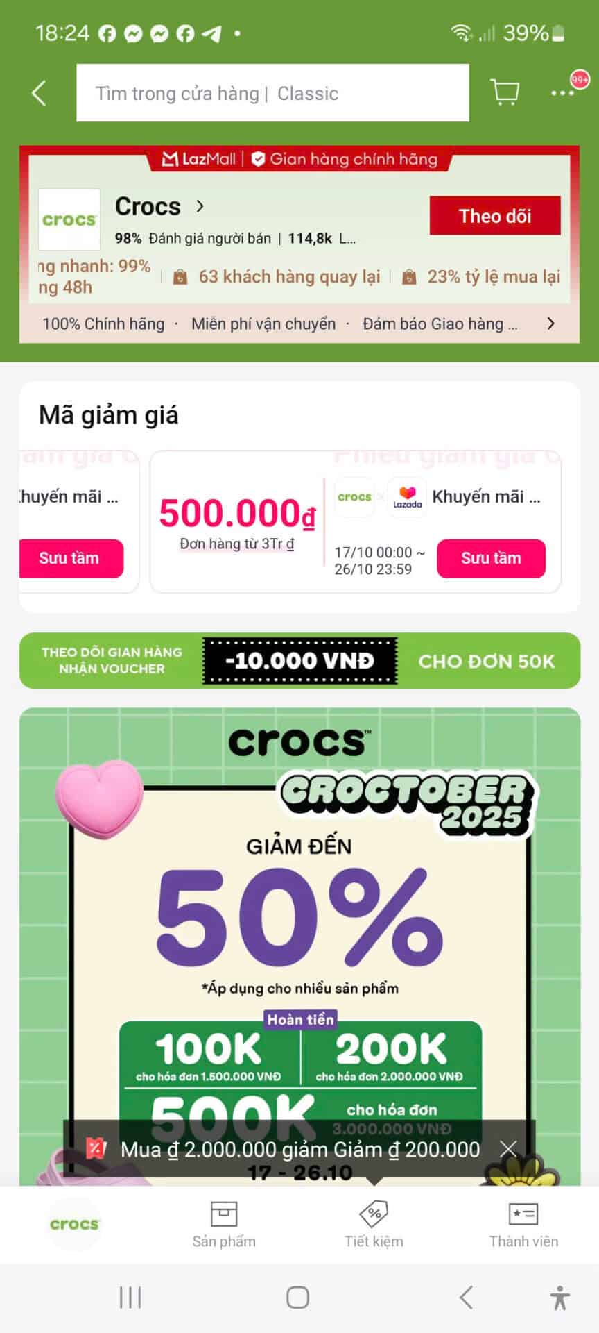 Mã giảm giá Crocs giảm tới 50% tại Groctober 2025, ưu đãi lớn cho đơn hàng từ 3 triệu, 5 triệu, tối đa hoàn tiền 200K, áp dụng nhiều sản phẩm, mã giảm giá siêu hấp dẫn từ Trùm giảm giá.