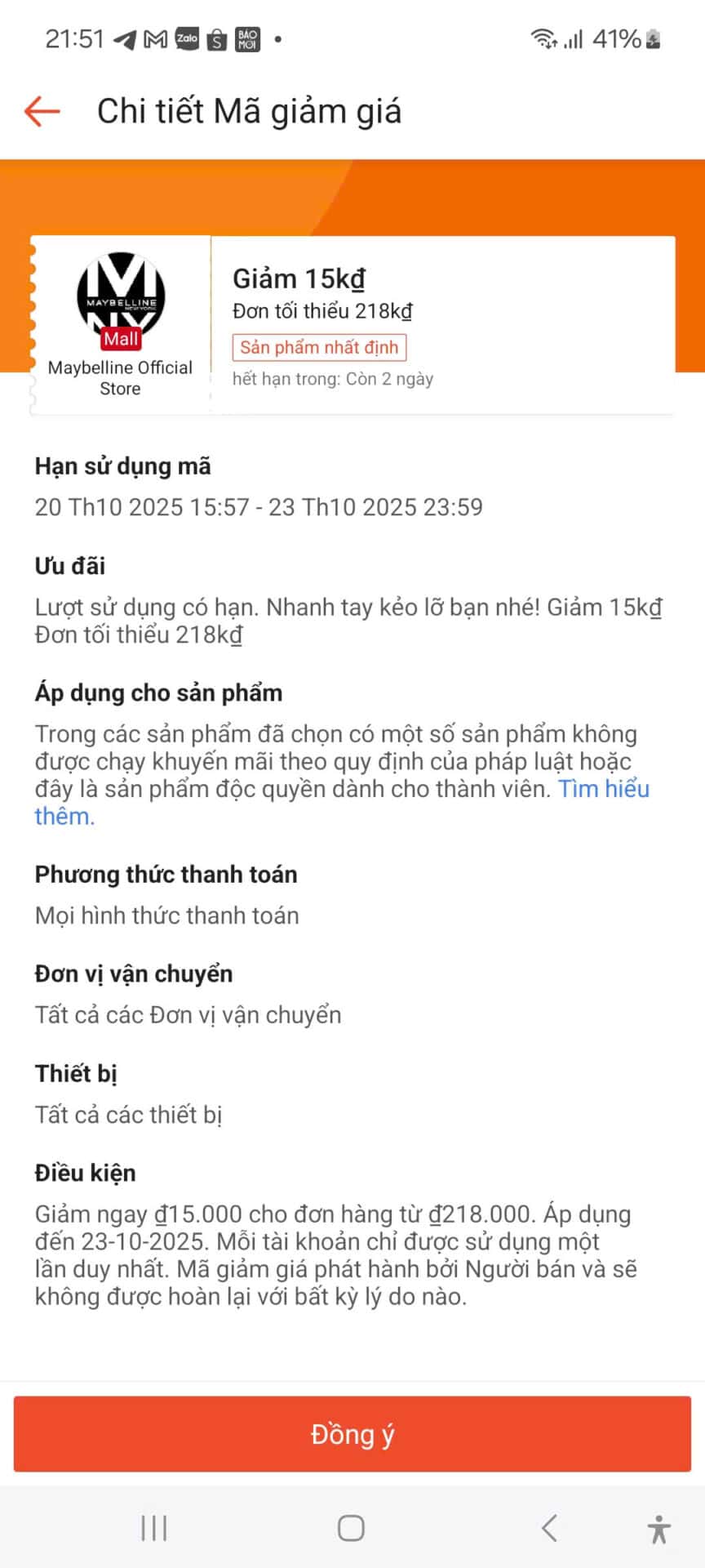 15k giảm giá cho đơn hàng từ 218k tại Maybelline; mã giảm giá hạn dùng đến 23-10-2025; cập nhật mã khuyến mãi mới từ Trùm giảm giá.