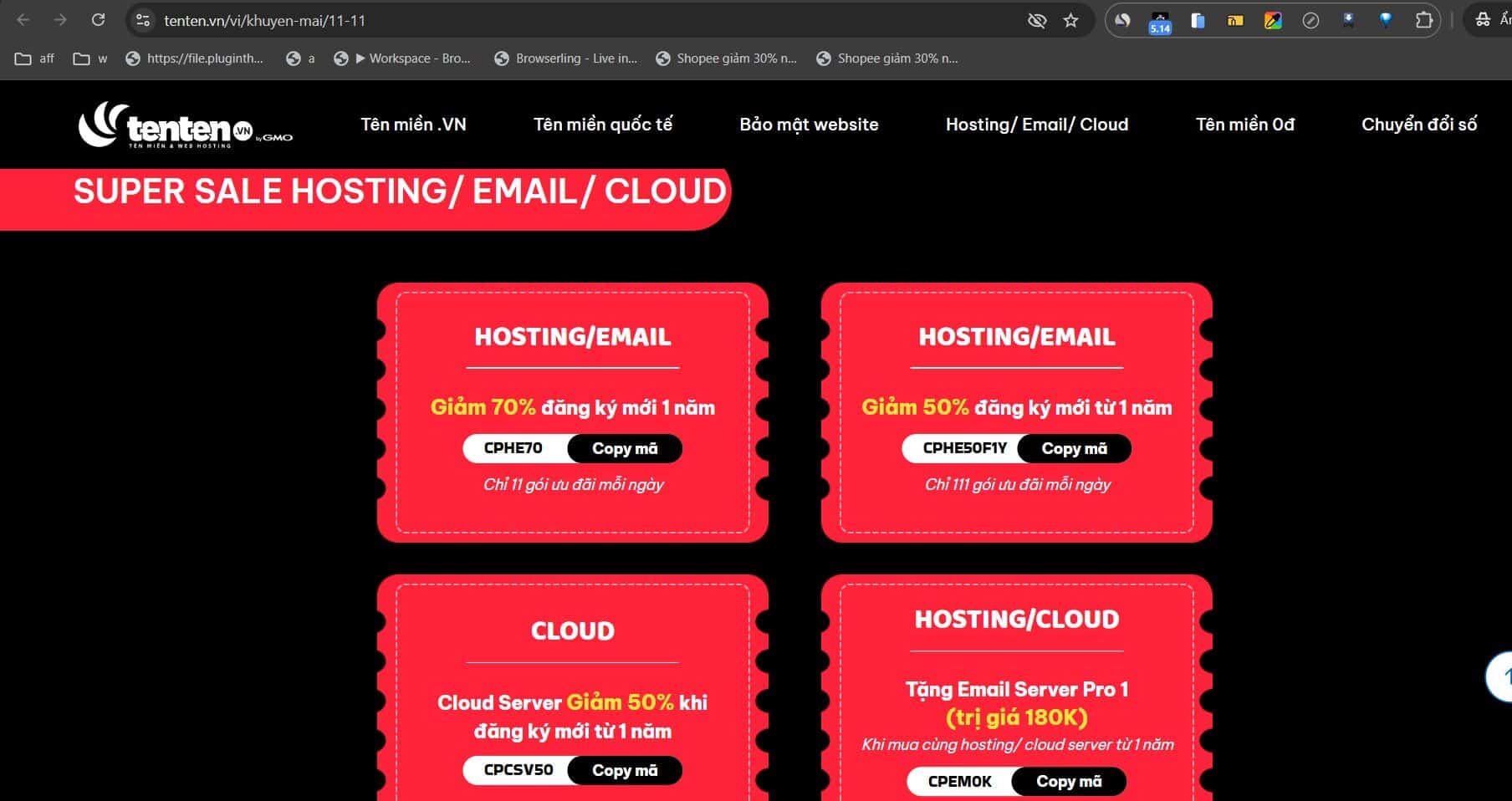 Coupon giảm giá hosting/email 70% cho đăng ký mới 1 năm, mã CKP E70.