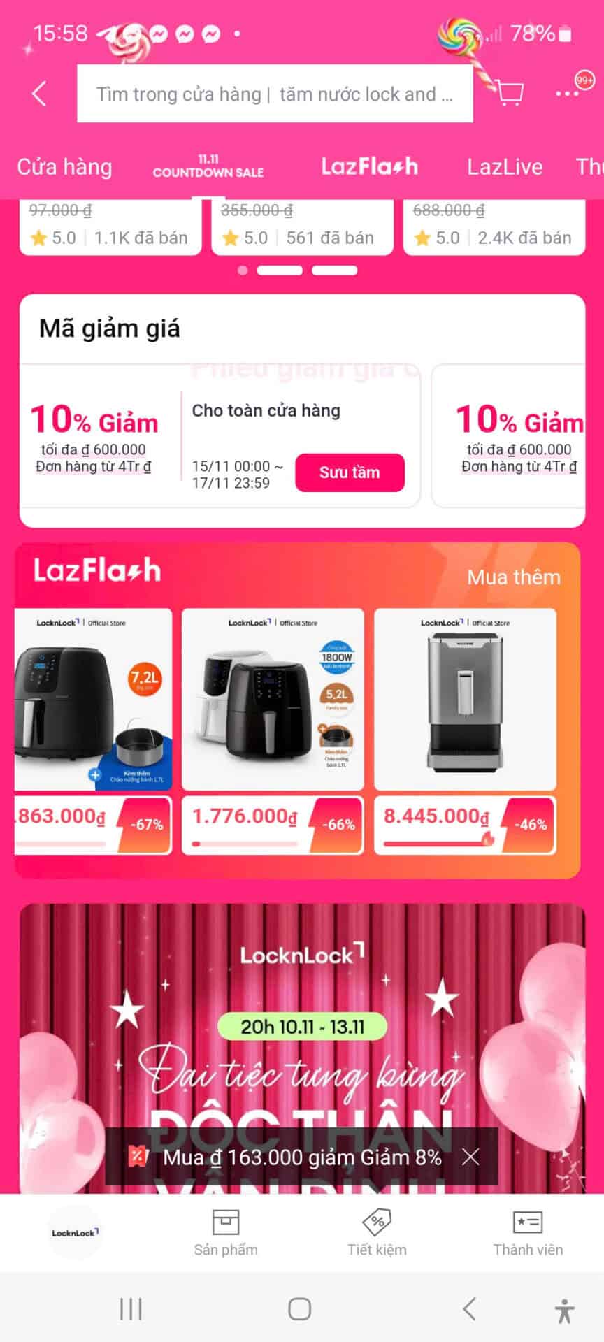 - Mã giảm giá giảm giá 10% cho toàn cửa hàng, tối đa 600.000đ, áp dụng cho đơn từ 4 triệu đồng.