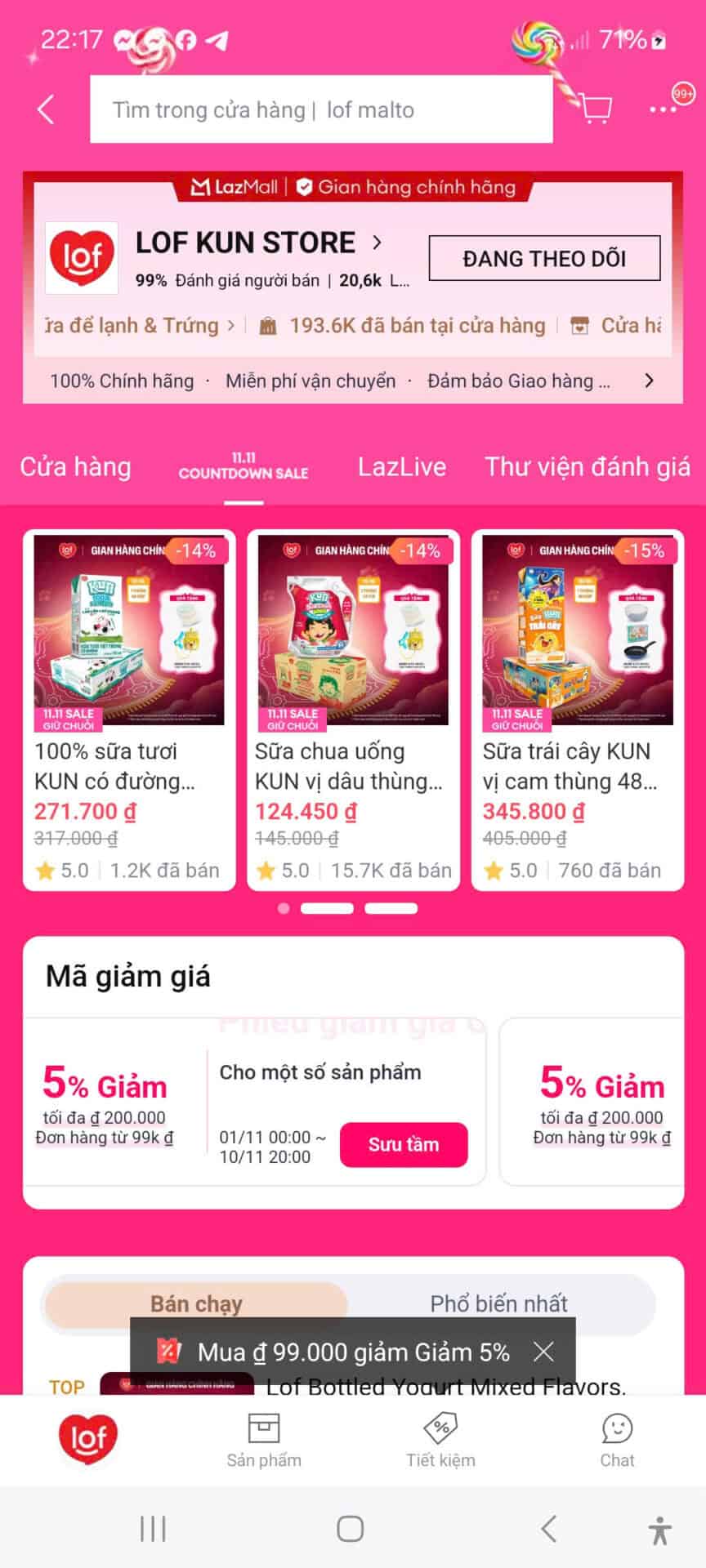 -alt text only: Hình ảnh cửa hàng LOF KUN trên ứng dụng LazMall với các mã giảm giá hấp dẫn cho sản phẩm sữa và thực phẩm.