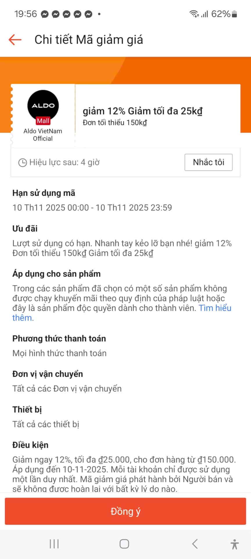 ALDO giảm giá 12%, mã giảm tối đa 25k, ưu đãi mua sắm, mã giảm giá dành cho thành viên, khuyến mãi cửa hàng thời trang ALDO Việt Nam.