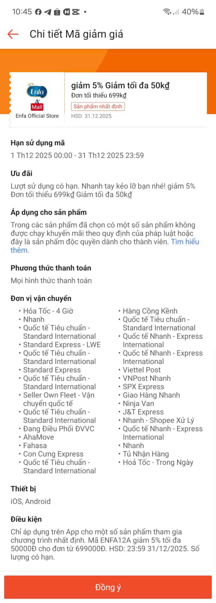 Mã giảm giá 5% Enfa tối đa 50K, áp dụng đơn từ 699K, thời hạn 31.12.2025, mã giảm giá ưu đãi mới nhất từ Trùm giảm giá, giúp tiết kiệm chi phí mua sắm trực tuyến.