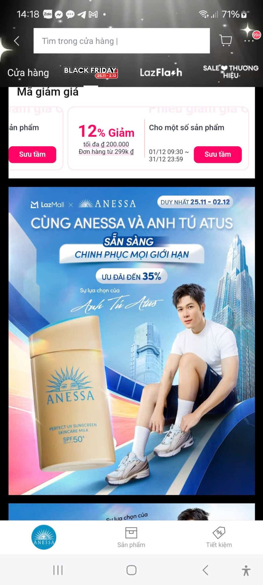 Sử dụng mã giảm giá Trùm giảm giá tổng hợp khuyến mãi, giảm giá 12% cho sản phẩm ANESSA trong dịp khuyến mãi lớn từ hôm nay.