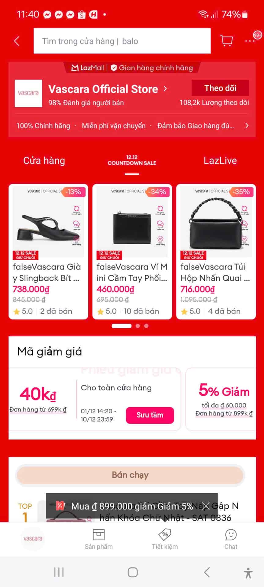 Hình ảnh mô tả các mã giảm giá và khuyến mãi của Vascara trên Lazada, giúp người dùng tiết kiệm chi phí mua sắm phụ kiện thời trang chính hãng, có giá trị đến hàng triệu đồng.