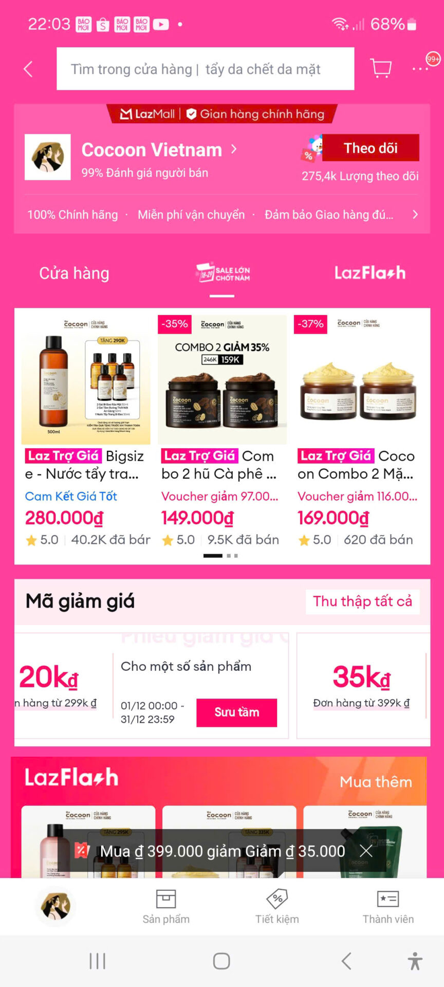 Ảnh mô tả các mã giảm giá cho các sản phẩm Cocoon tại Lazada, với ưu đãi từ 20k đến 35% chiết khấu lớn, phù hợp cho khách hàng mua sắm mỹ phẩm và chăm sóc da chính hãng.