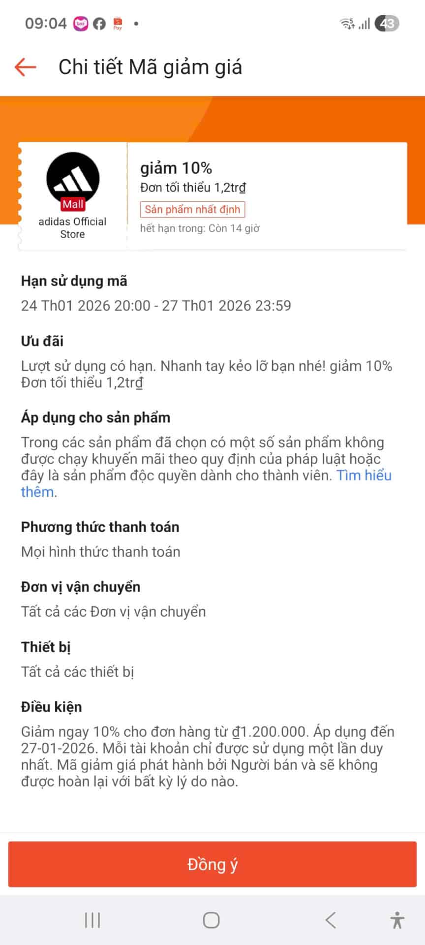 Mô tả ngắn về mã giảm giá giảm 10% cho các sản phẩm Adidas chính hãng, áp dụng hạn chế, phù hợp cho người yêu thích mua sắm với giá ưu đãi đặc biệt.